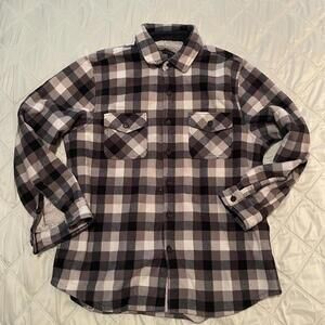 Fleece Thick Lined Warm Plaid Flannel Button Down Shirt Mens L Cozy Black White